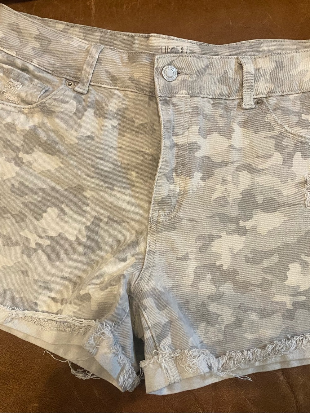 Time and Tru Grey Camo Frayed Hem Jean Shorts